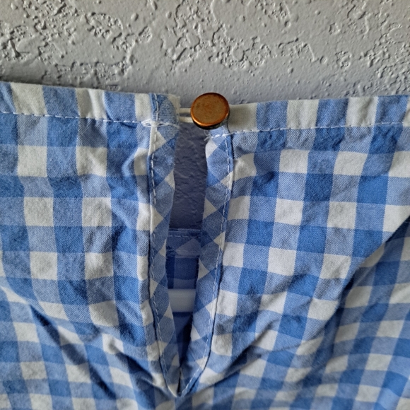 Liz Claiborne Blue Plaid Top with White Lace Elbow Sleeves - Picture 7 of 7